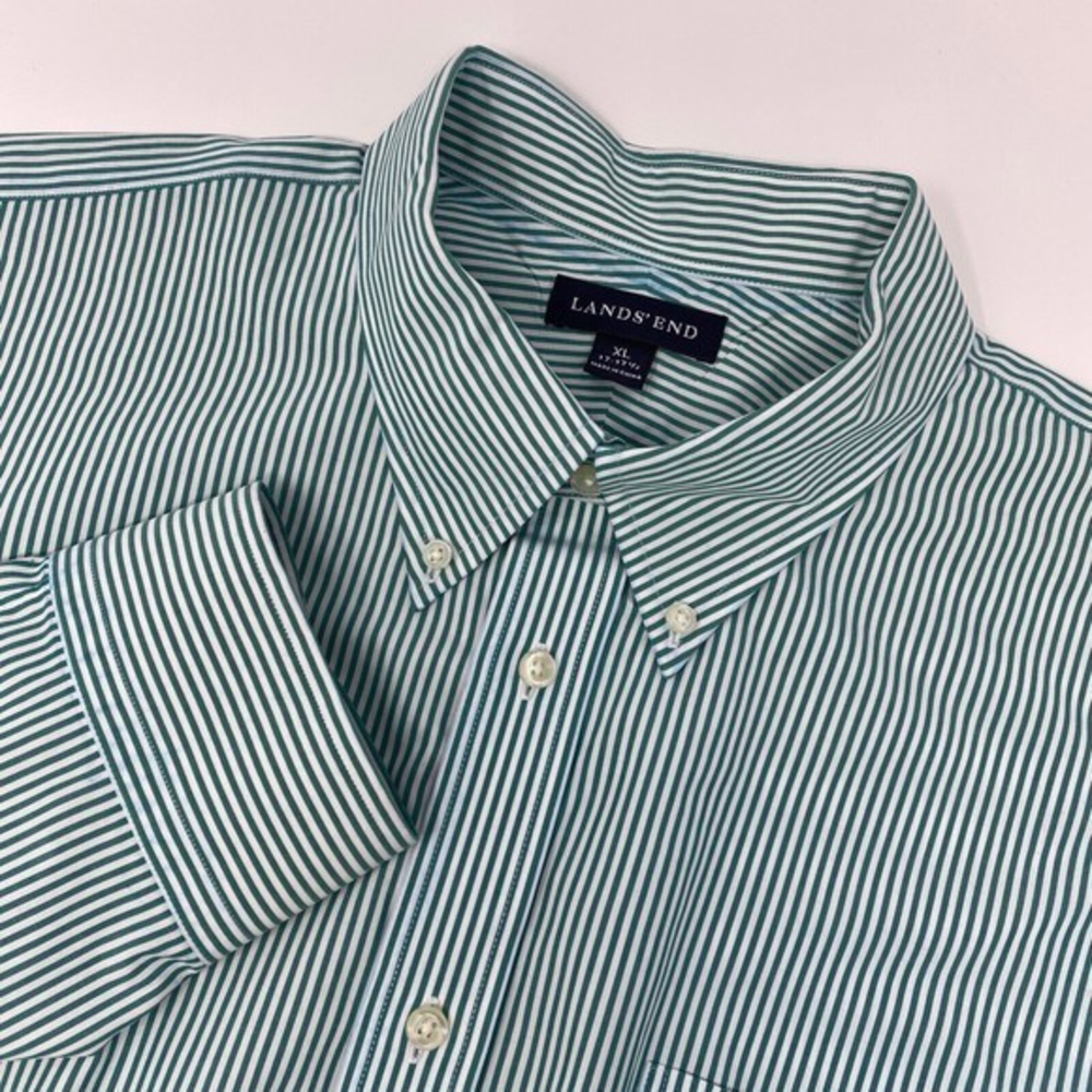 LANDS END ‎ Mens Shirt White Teal Stripe Supima PinPoint 17-17.5